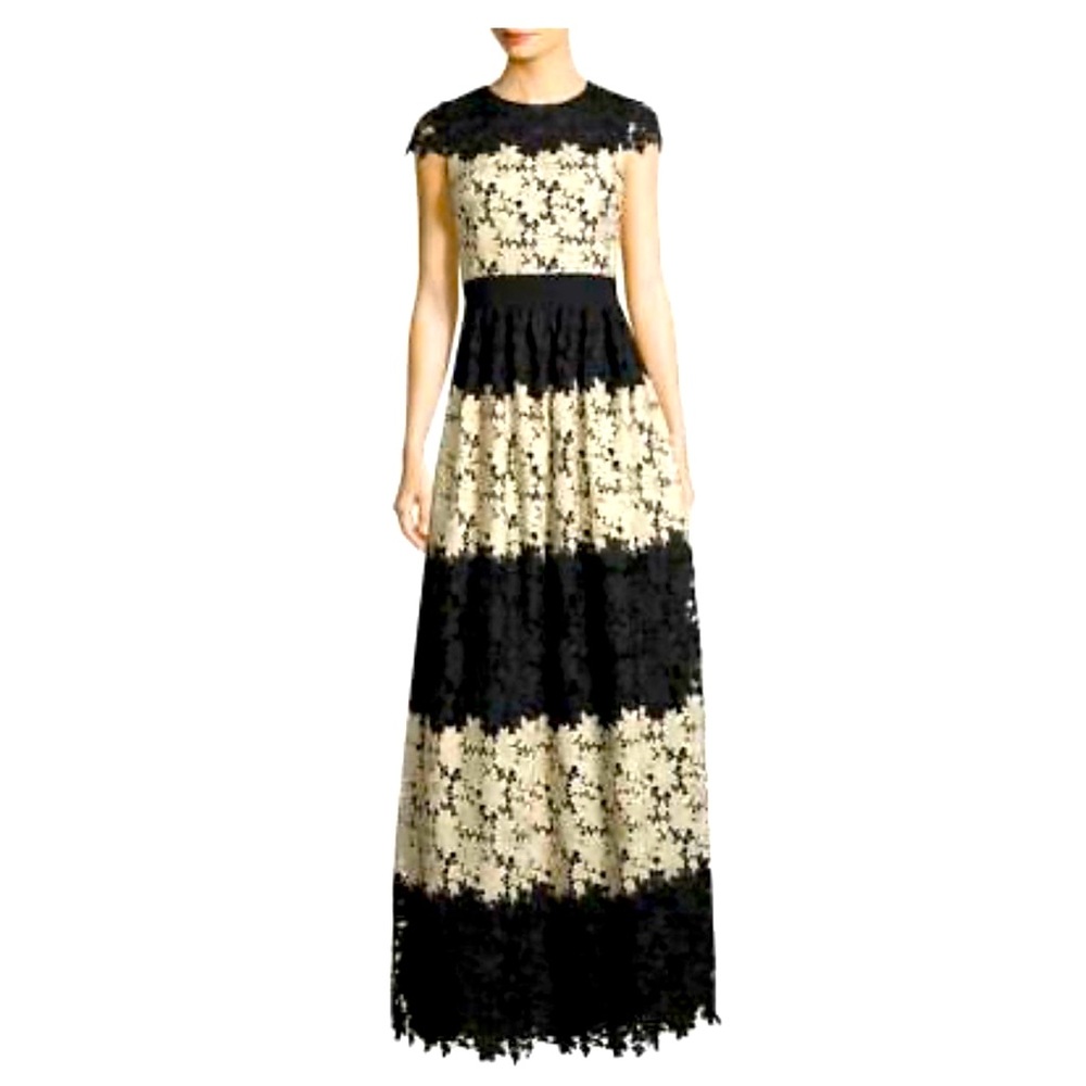 Alice and Olivia Lace Black Gold maxi dress gown wedding guest size 6
